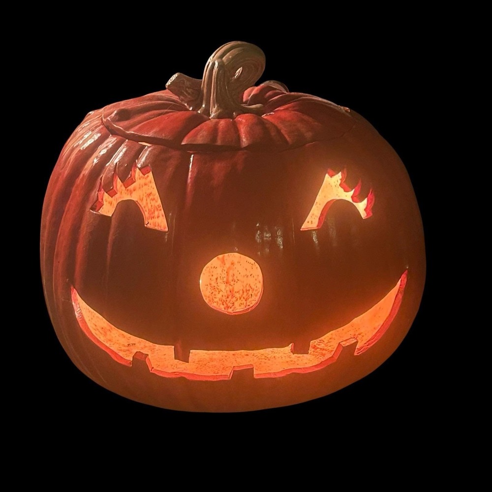 Vintage 12" Ceramic Jack O Lantern Pumpkin Light Up Eyelashes Halloween w/ Lid